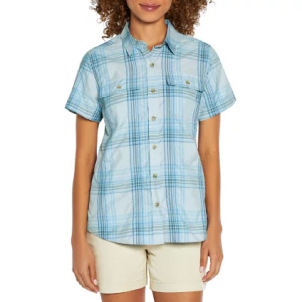 Eddie Bauer button down front up shirt short sleeve blue XL plaid stripe small